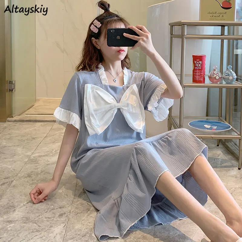 

Nightgowns Women Bow Solid Cozy Home Sleepwear Sweet Korean Style Summer Daily Thin Breathable Popular Short Sleeve Students Ins