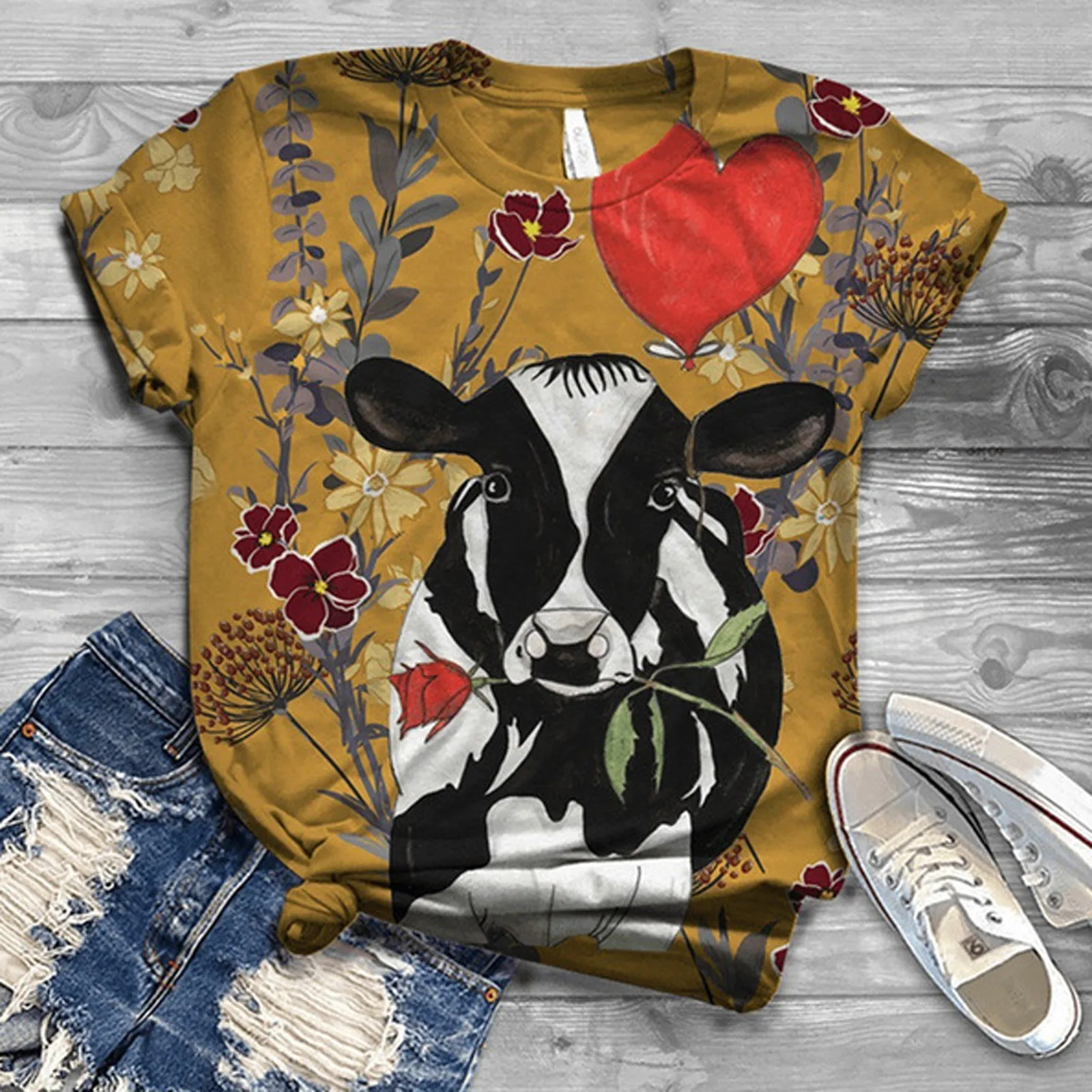 

2022 Harajuku Cartoon T Shirt Women 3d Cow Animal Print Tops Cotton Short Sleeve O-Neck Top Women Clothes 4#