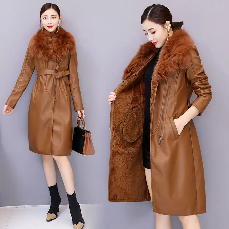 Big hair collar winter women's leather coat plus velvet thickening in the long slim waist leather coat street style coat enlarge