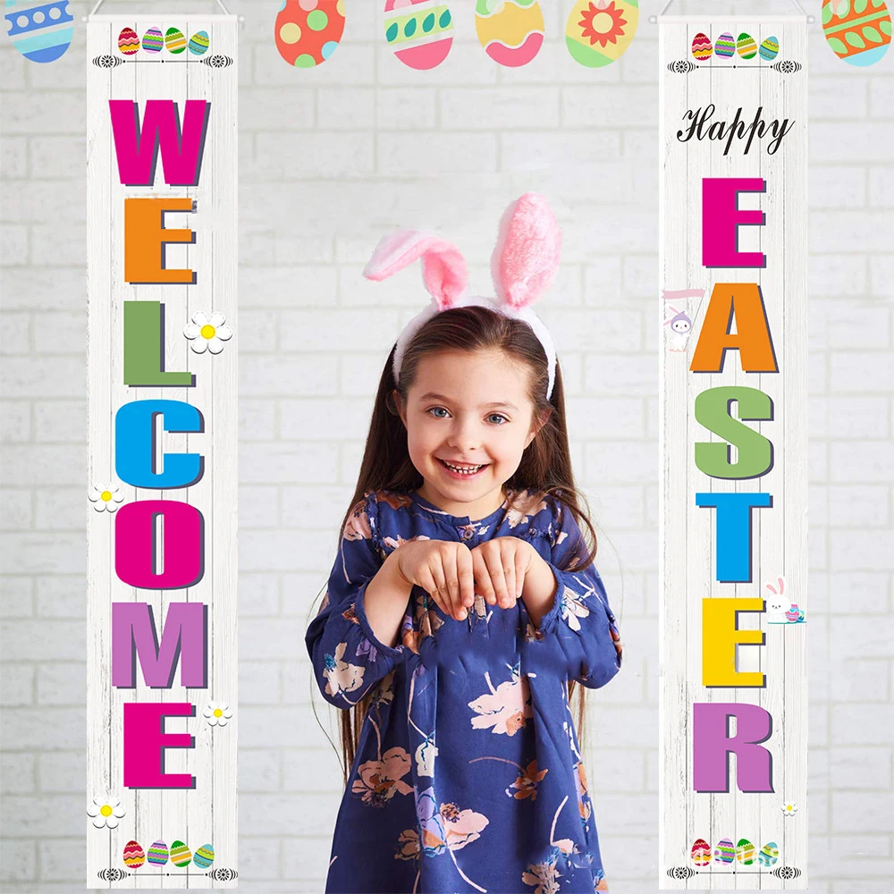 

Rabbit Colorful Egg Banner Decor Oxford Cloth Hanging Easter Day Ornament Welcome Spring Gift Indoor Outdoor Wall Decor Cartoon