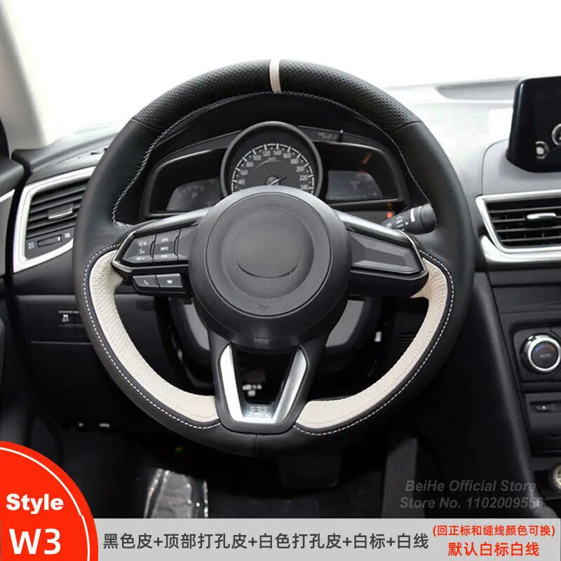 

White Black Leather Car Steering Wheel Cover For Mazda 3 Axela Atenza CX-3 CX-5