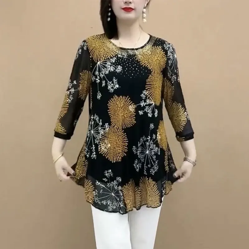 Женская блузка со стразами Повседневная Свободная с круглым вырезом рукавом 2023