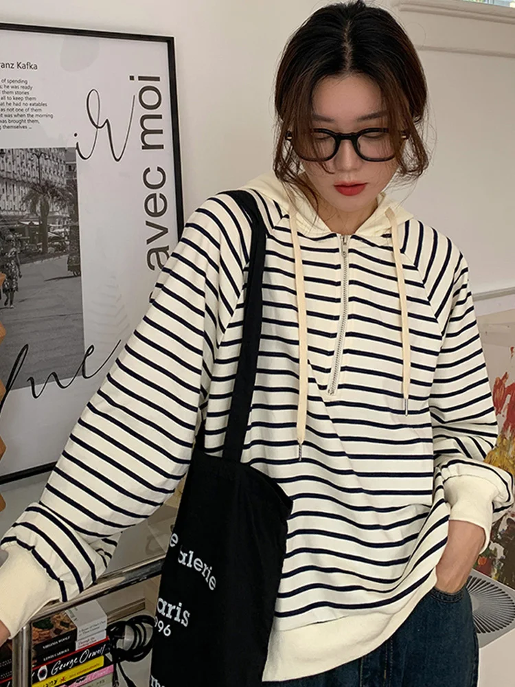 

autumn harajuku Hooded Sweatshirt long sleeve stripe oversized Hoodies Women korean zipper Sportswear Streetwear Female Clothing