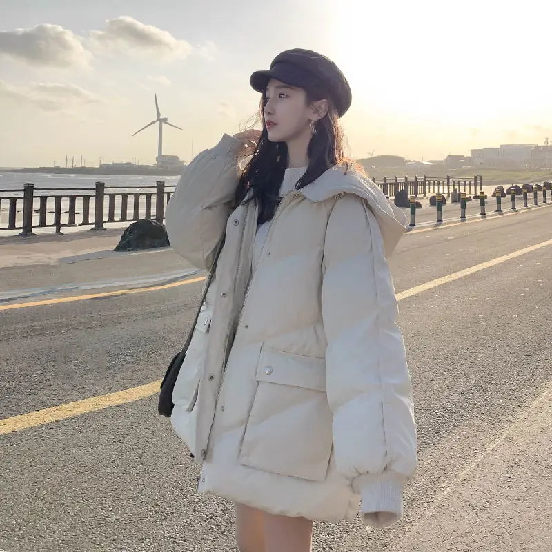 2023 Korean Loose Puffer Jackets Solid Color Short Winter Female Coats Women Thickened Parkas Harajuku Hooded Outerwear Korean