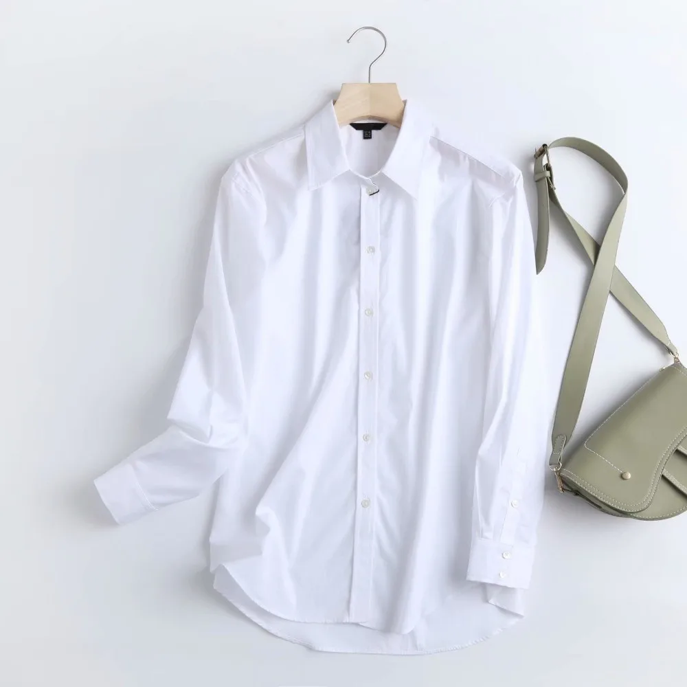 Dave&Di England Style Office Lady Simple Fashion Poplin Solid White Blouse Women Blusas Mujer De Moda 2022 Shirt Women Tops