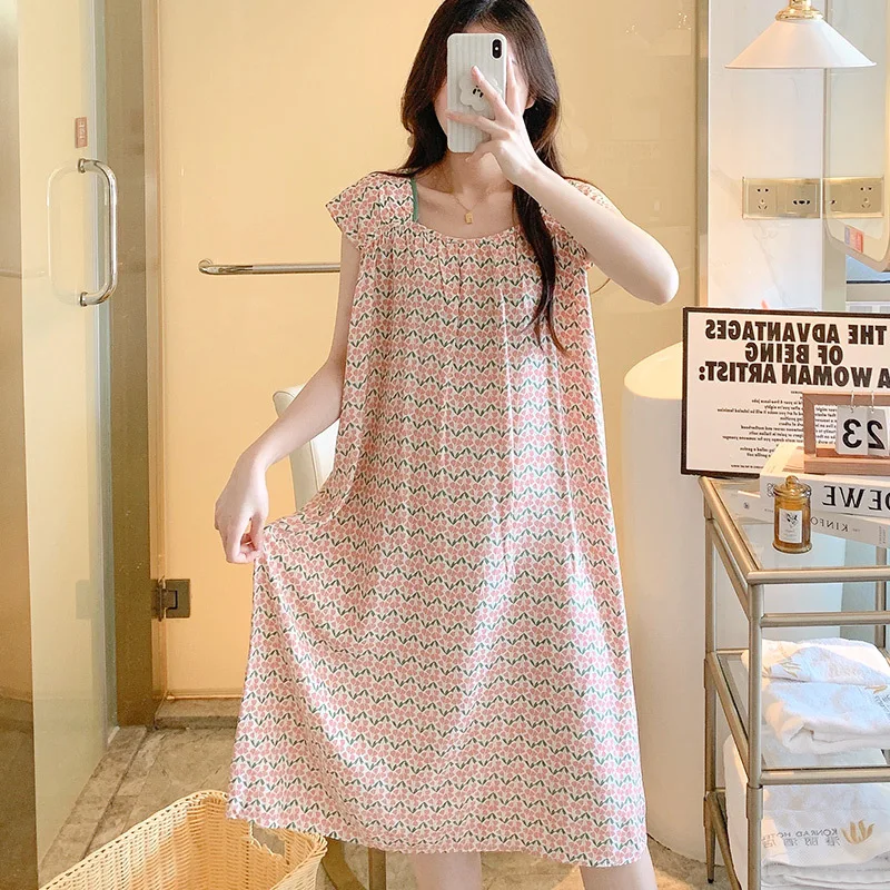 Thin Night Gowns For Womens Cotton Square Collar Summer Dresses 100% Viscose Length To The Shank Leisure Ventilation Robe