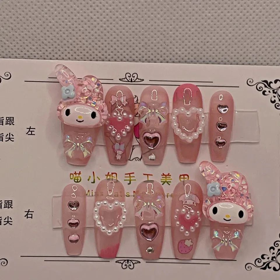 

Diy My Melody Kuromi Kittys Doll 3D Nails Patch Kawaii Cartoon Anime Model Removable Wearable Fake Handmade Nails Stickers Gifts