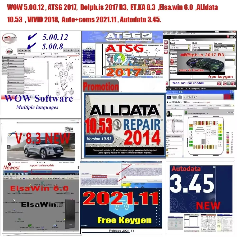 Горячее программное обеспечение Alldata 10.53 Autodata 3.45 Auto+com V2021.11 Delphis 2017 R3 ATSG Vivid 2018 ElsaWin