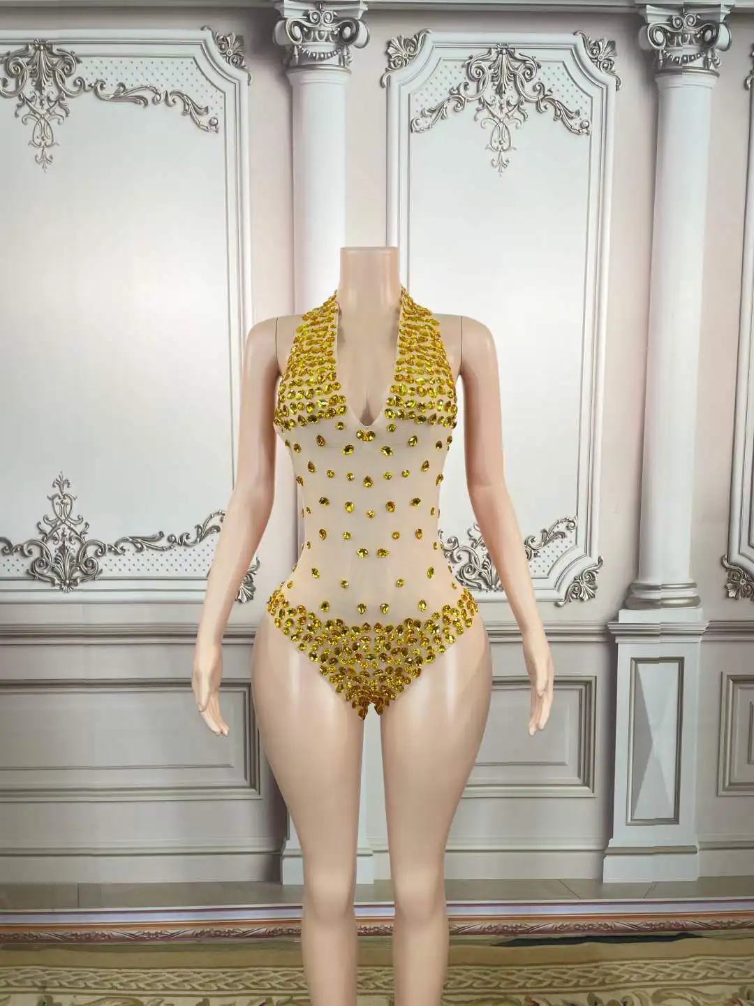 Gems Rhinestone Shining Bodysuits For Women Backless Halter V Neck Gold Sleeveless Drag Queen Outfit 2022 Sparkly Leotard