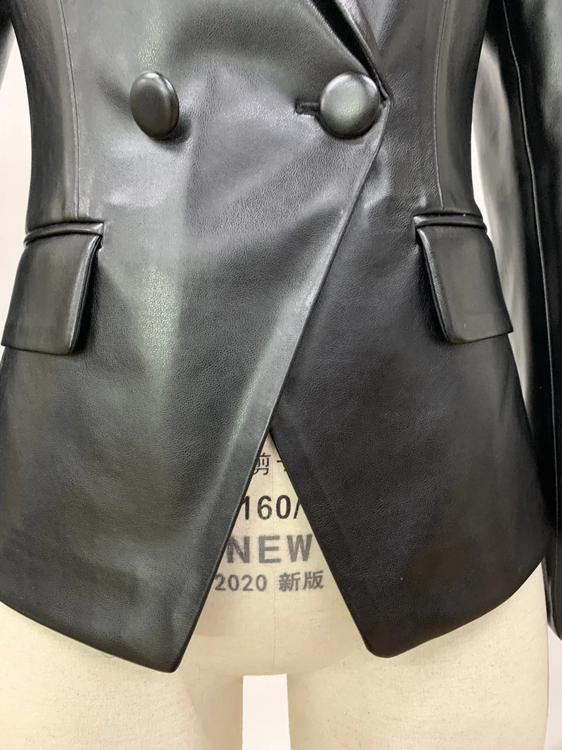 LXUNYI Black Leather Blazers Women Spring Autumn Slim Double Breasted Fashion Woman Faux Leather Jacket High Quality Formal Coat