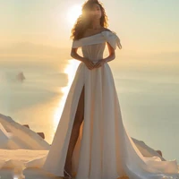 modern wedding dresses off the shoulder short sleeves lace up bow bride gowns side split a line sweep train vestido de noiva