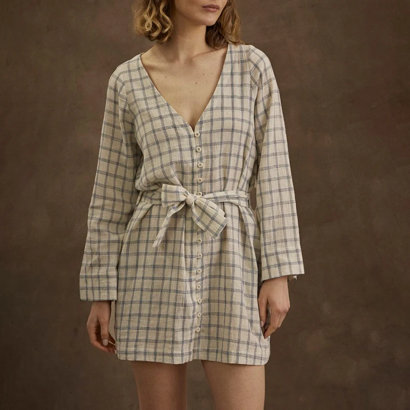 

100% Cotton Vintage Palid Women'S Dress Sexy V-Neck Long Sleeve Elegant Dresses For Party 2022 Sundress With Belt Robes
