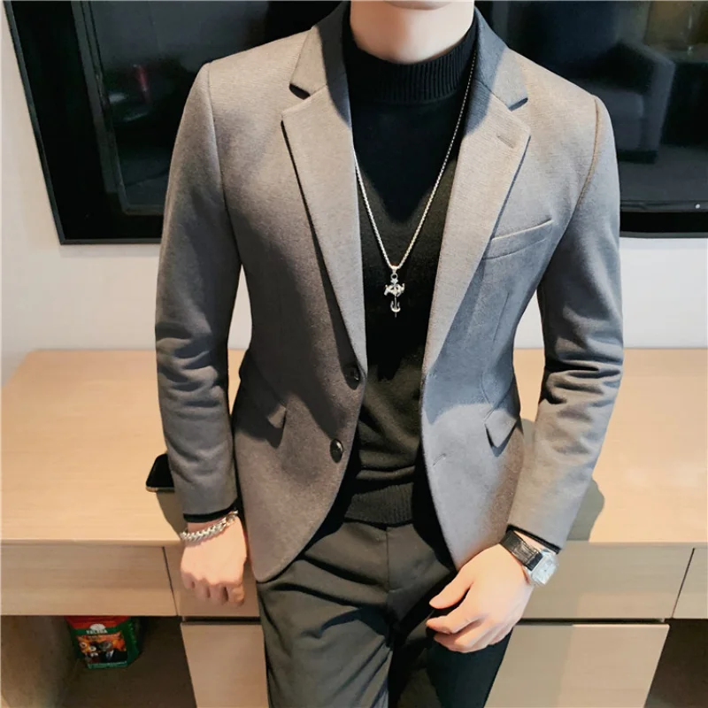 Winter Thicken Keep Warm Woolen Blazers Men Classic Solid Color Slim Casual Suit Jacket Business Social Streetwear Men Clothing