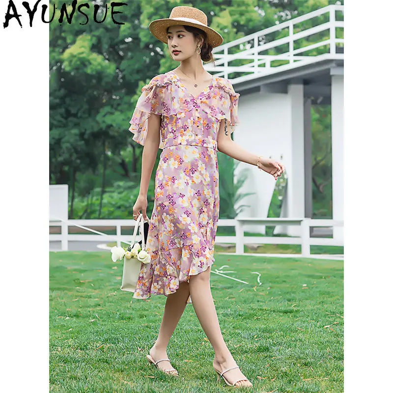 Elegant and Pretty Women's Dresses Luxury 100% Mulberry Silk Printed Dress French Woman Clothes Summer Women Dress Vestido Mujer