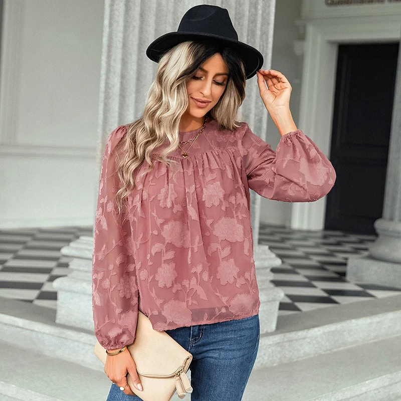 

Spring Summer Chiffion Women T-Shirts Fashion New Lace Patchwork O-Neck Long Sleeve Tops Office Ladies Solid Casual T-Shirts