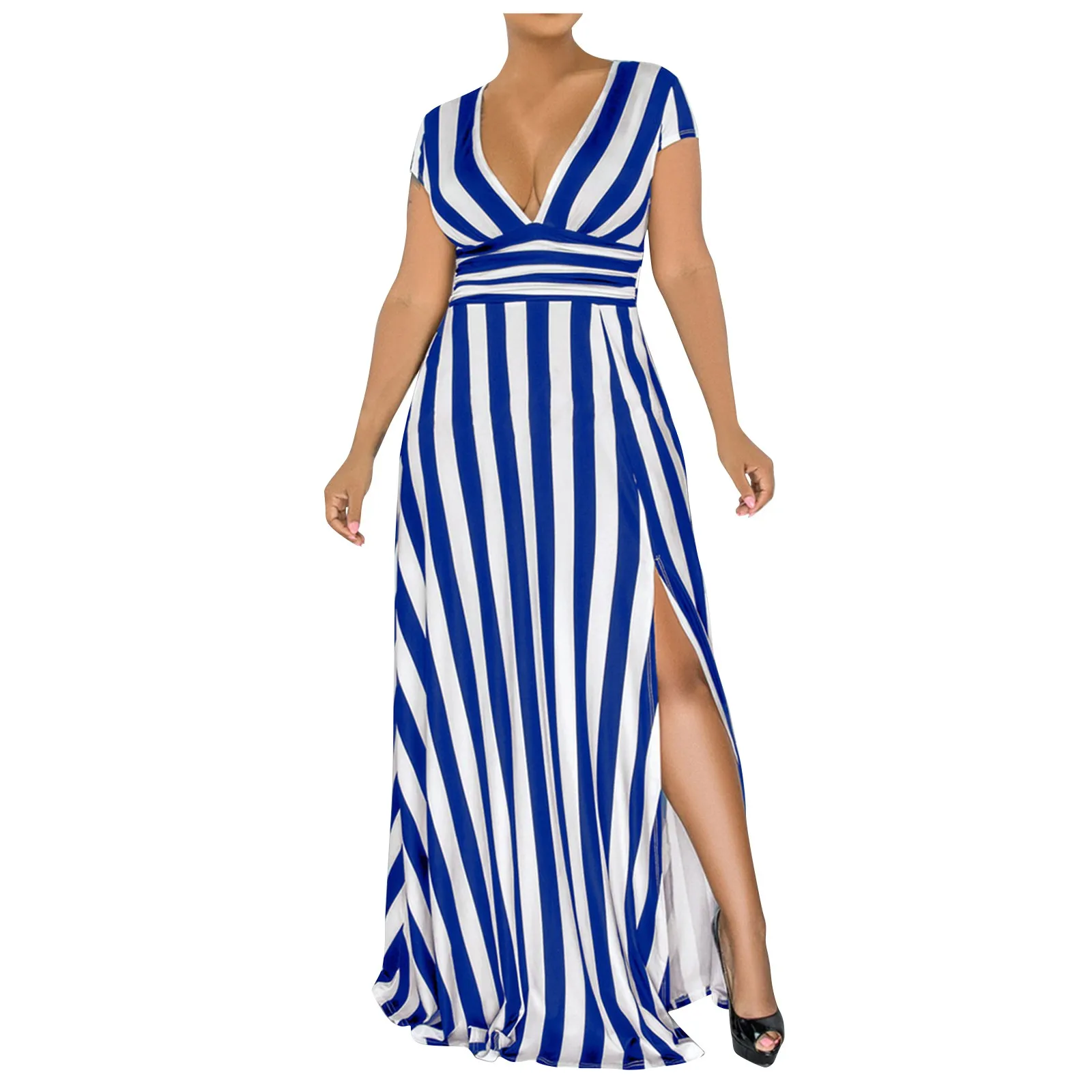 

Платье женское однотонное в полоску, модное повседневное длинное платье без рукавов, с глубоким V-образным вырезом и разрезом
