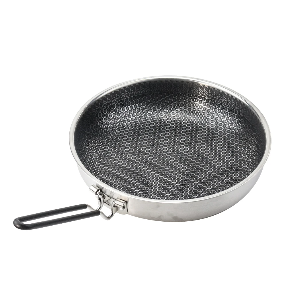 Outdoor Stainless Steel Honeycomb Non stick Pan Folding Handle Wok Frying Pan Picnic Camping Equipment Camping Kitchen Cookware