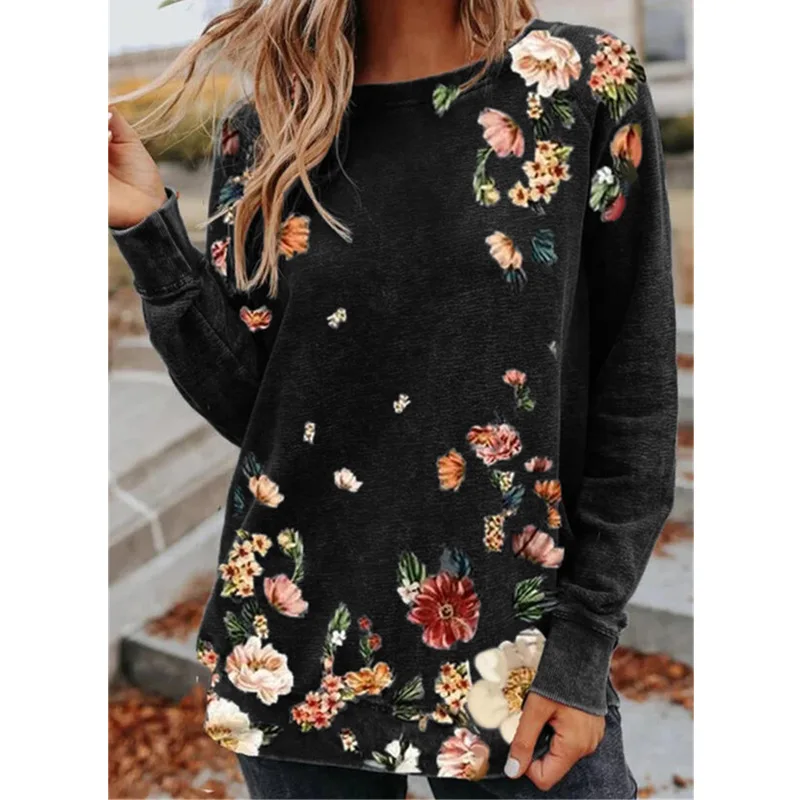 

Female Summer Floral Print Shirt Long Sleeves Blouse Tops Casual Circle Neck Loose Streetwear For Ladies Elegant Party Pullover