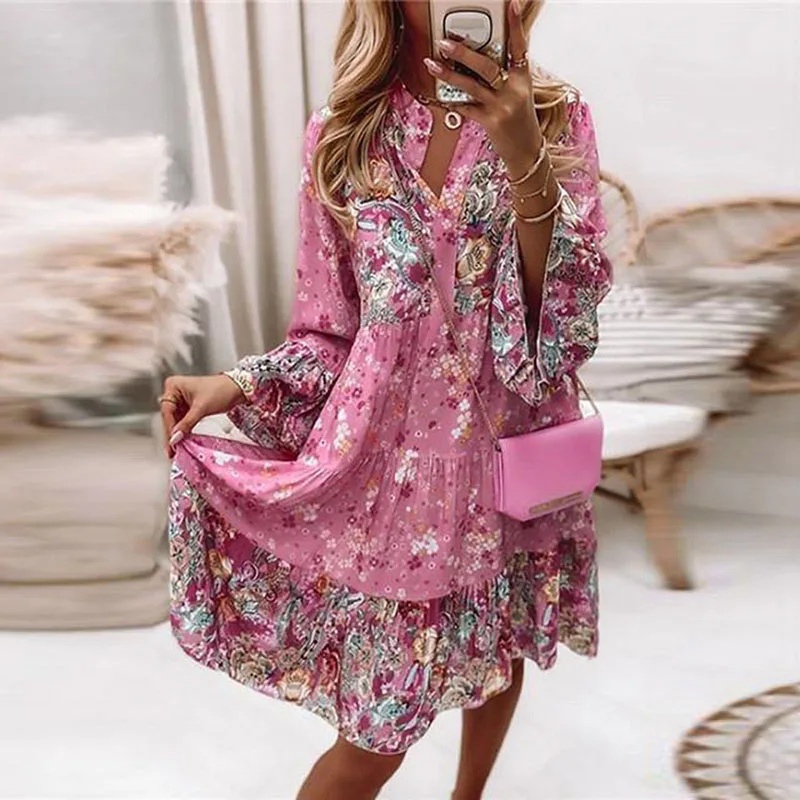 

Fashion Flare Sleeve Women Party Dress Spring Summer Vintage Floral Print Loose Casual Lady Elegant V Neck Ruffle Beach Dresses