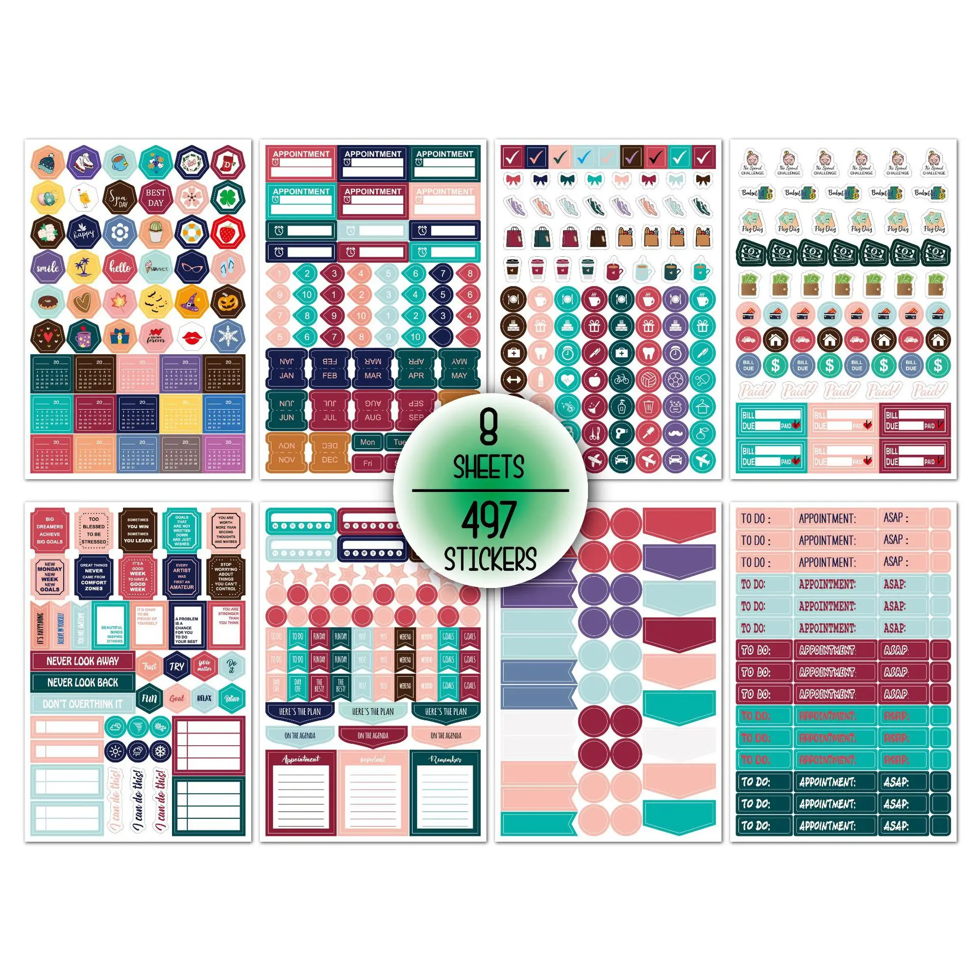 497pcs /8sheets Planner Stickers Monthly Calendar Planning Celebrations Decorating Sticker for Holiday Tips Budget Srapbooking