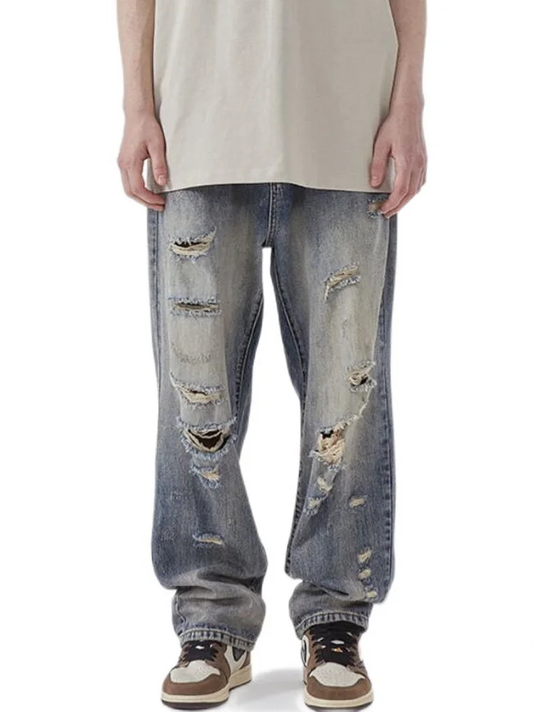Teenage Jeans Street Retro Men's American Casual Wash Do Old Straight Holes Jeans