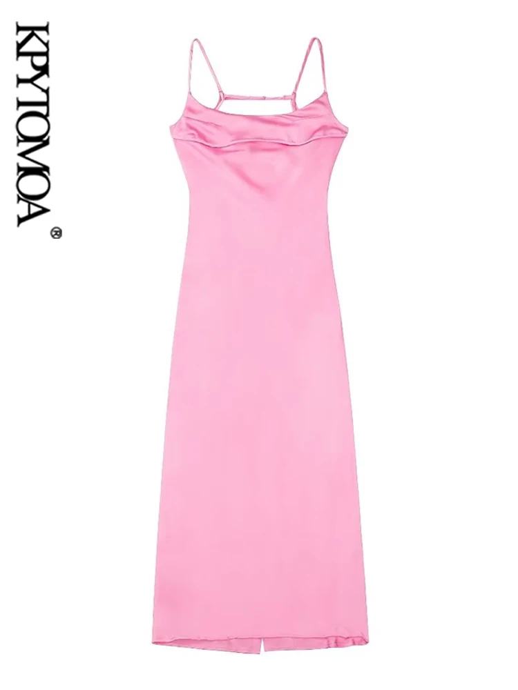

KPYTOMOA Women Fashion With Hollow Out Satin Midi Dress Vintage Back Vent Adjustable Thin Straps Female Dresses Vestidos Mujer