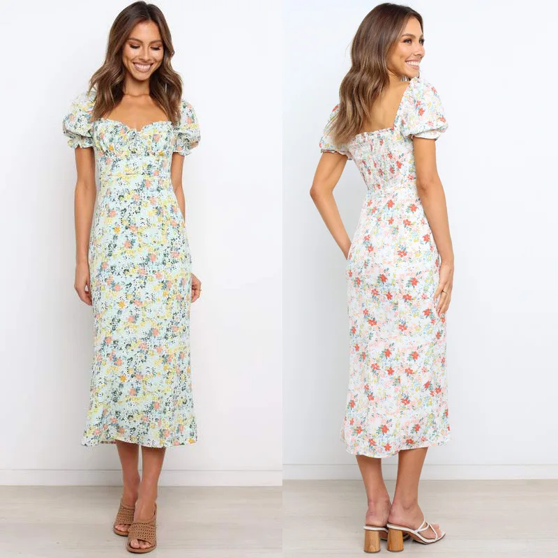 

2022European and American Spring and Summer New Square Collar One-Step Dress Printed Slim Dress for Women