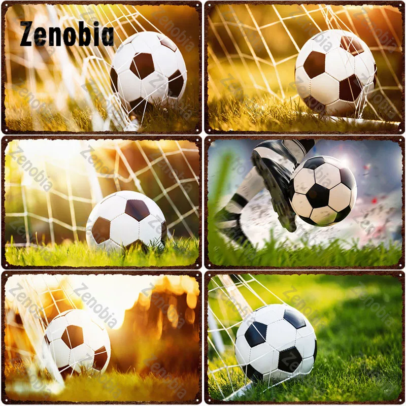 

Metal Sign Soccer Football In The Sun Tin Sign Green Grass Football Field Metal Poster Decorative Tin Plaque Plate Home Decor