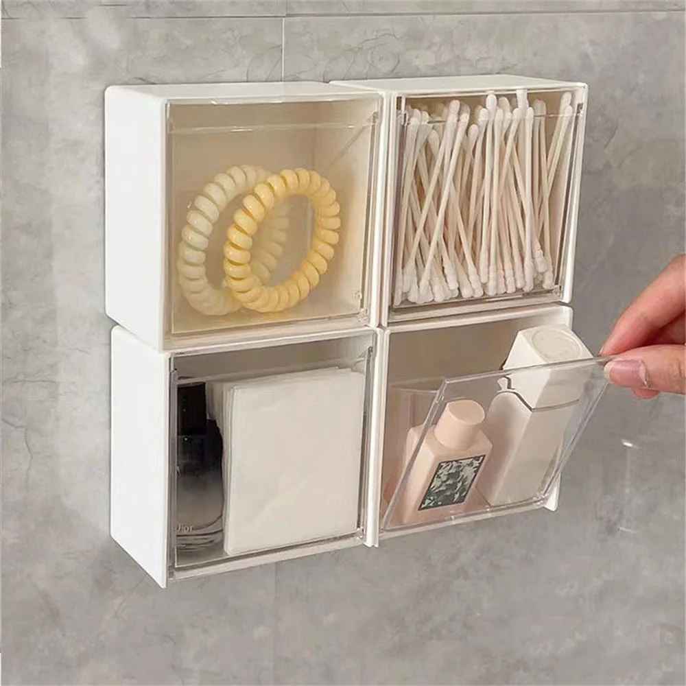 

Wall Mounted Flip Storage Boxes Dustproof Bathroom Organizer for Cotton Swabs Makeup Adhesive Jewelry Holder Box Punch-Free
