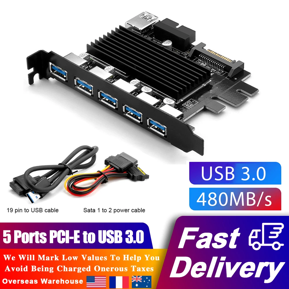 

Плата расширения 5 портов s PCI-E к USB 3,0, внешняя карта с разъемом питания 19 Pin, адаптер PCI-E 15 Pin SATA, порт питания для компьютера