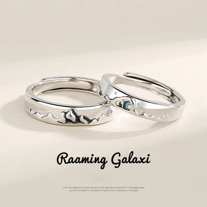

New hot-selling couples silver epoxied mountain wave opening ring fashion trend long-distance love jewelry gift J301