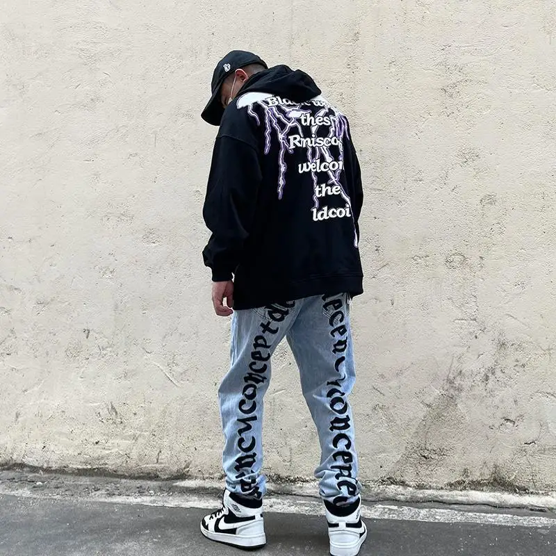 Y2k Men's Embroidery Streetwear Hip Hop Alt Harajuku Baggy Low Rise Jeans Trousers Gothic Straight Wide Leg Cargo Pants Clothes