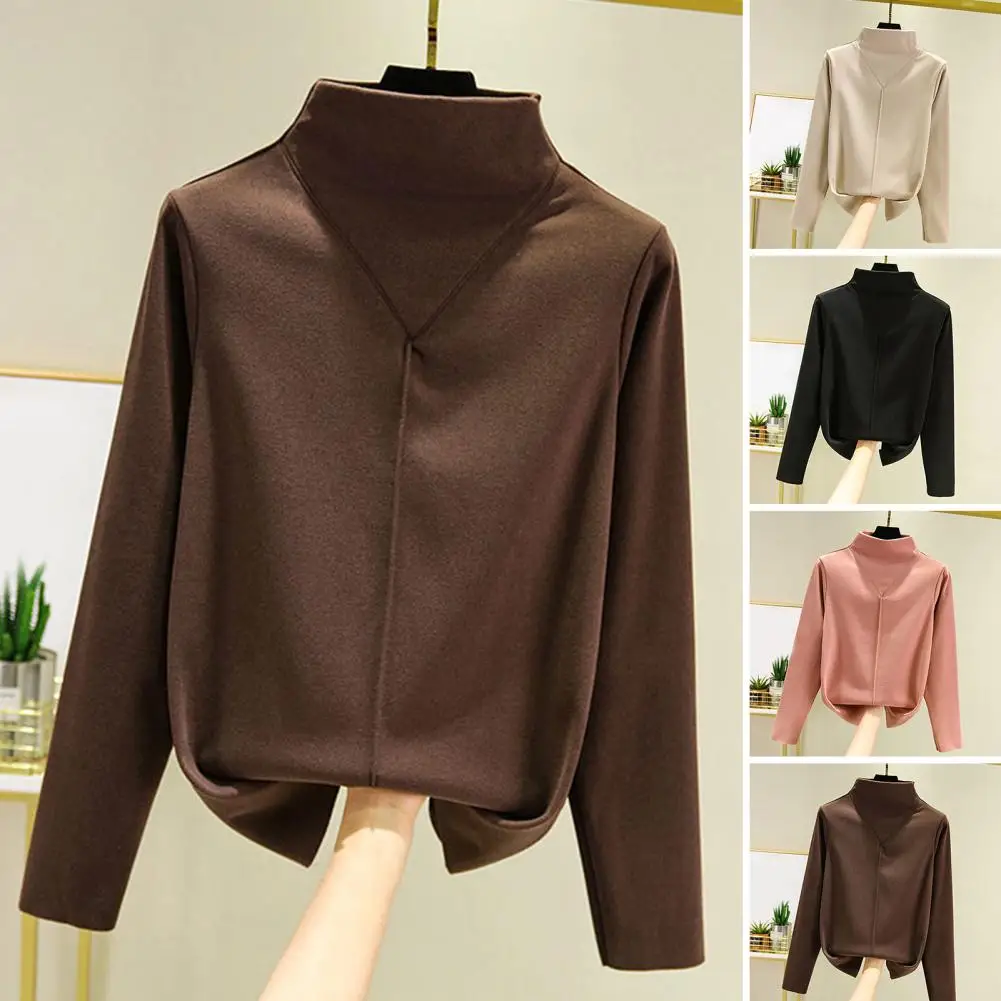 

Women Thick T-shirt Stripe Solid Color Half High Collar Long Sleeve Bottoming Short Autumn Winter Slim Fit Pullover Top Streetwe