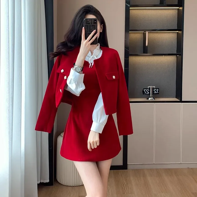 

Fall Winter Sweet Small Fragrance 2 Piece Set Women Jacket Coat+Short A Line Mini Dress Set Two Piece Outfits Clothes For Women