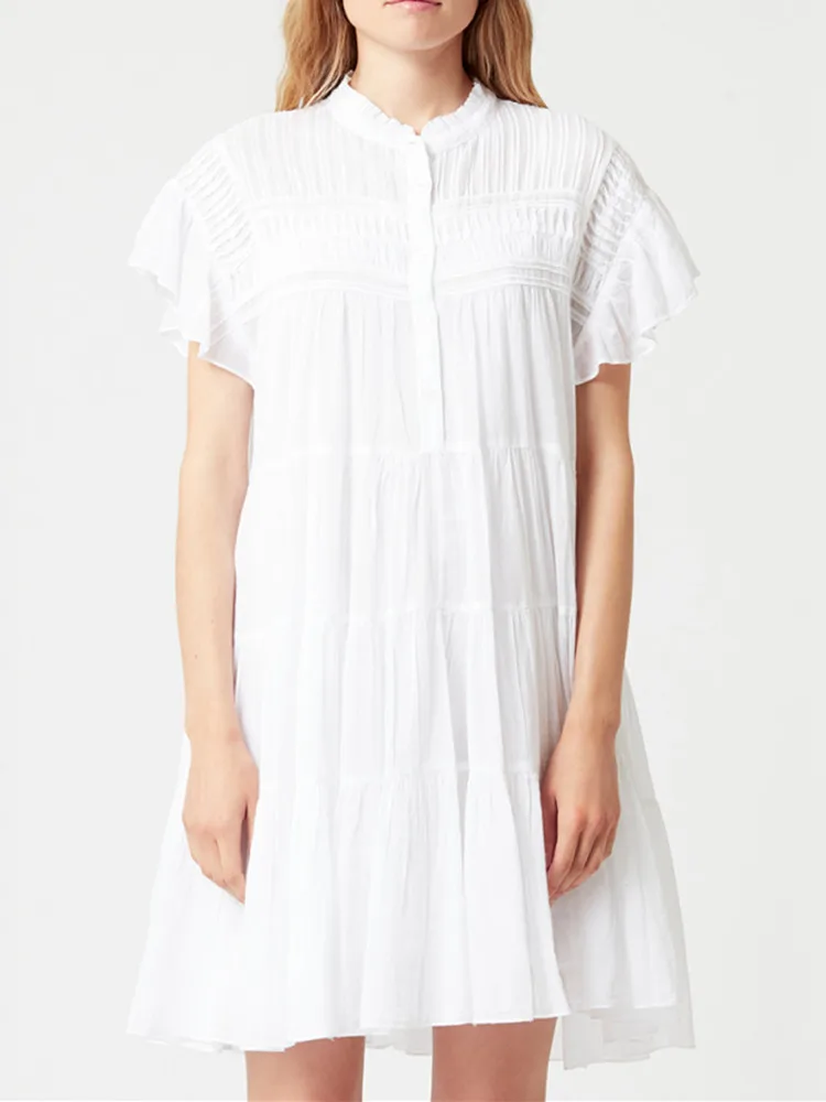 

Women White or Black Mini Robes Cotton Stand Collar Ruffles Pleated Female Two Pieces Set Dress