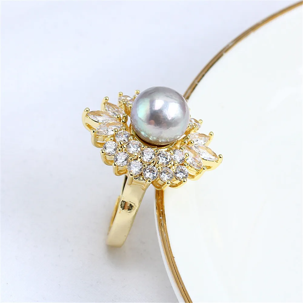 

14K gold injection DIY accessories ring micro-set zirconia pearl open ring accessories empty bracket adjustment jewelry female