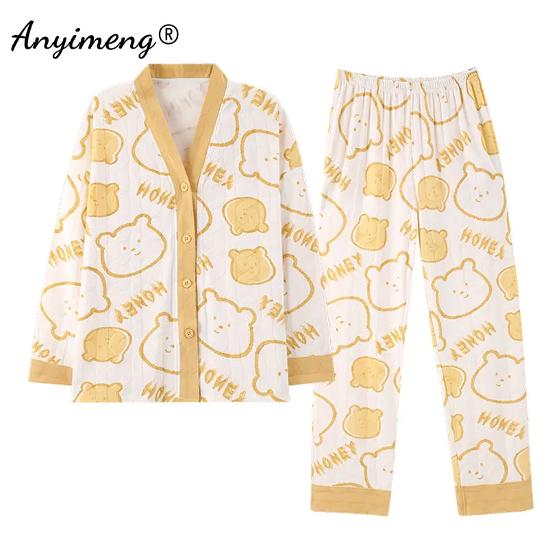 

New Autmun Winter Fashion Pajamas V-neck Nightwear for Girls Bear Printing Jacquard Weave Sleepwear Soft Cotton Kimono Pijamas