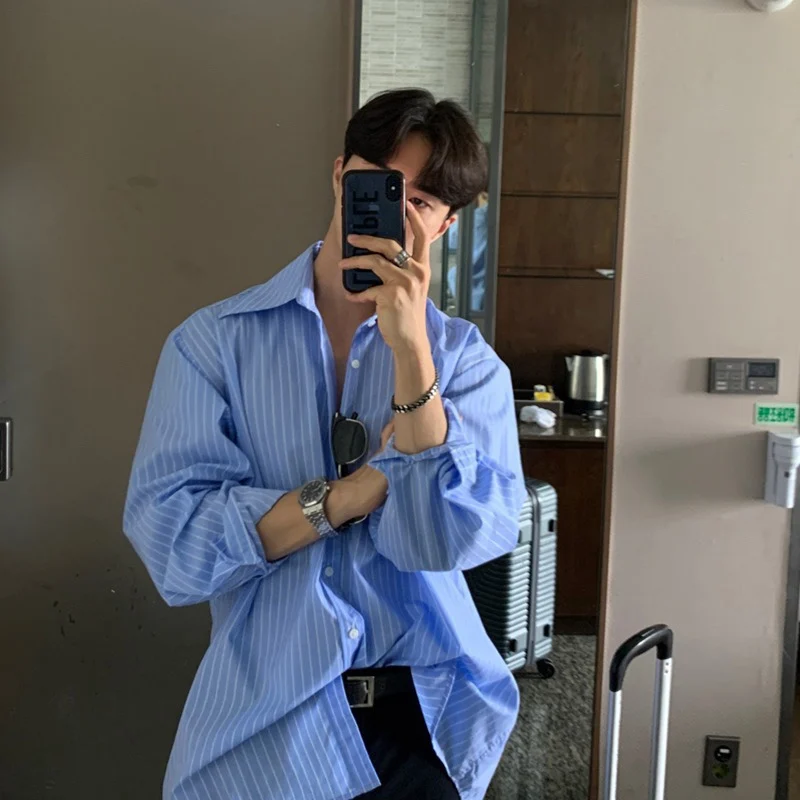 

Blue White Long Sleeved Shirt Men Fashion Society Mens Dress Shirt Korean Loose Striped Shirt Mens Oversized Casual Shirts M-2XL