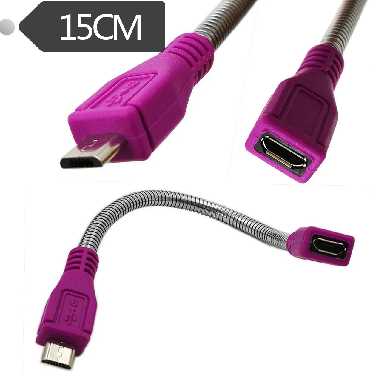 usb 2 0 micro male plug to usb micro female jack extension flexible metal stand cable 15cm; free global shipping
