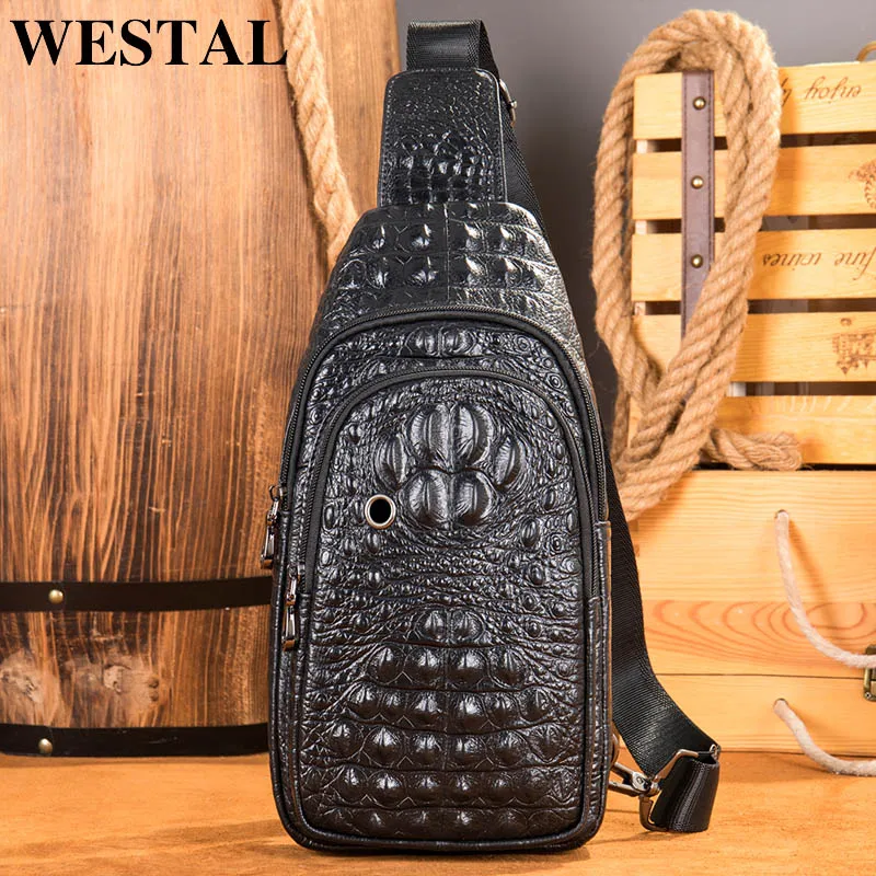 WESTAL Croco Design Leather Chest Bag for Men Vintage Sling Bag Men Travel Sport Chest Packs Black Crossbody Bags Male 9074