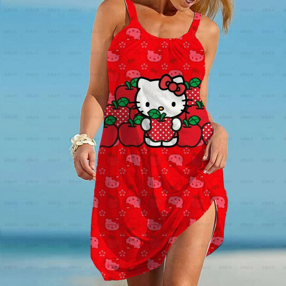 

Summer Women's Dress Hello Kitty 3D Print Sexy Beachwear Y2K Casual Nightdress Dress Sleeveless Knee Length Women's Dress
