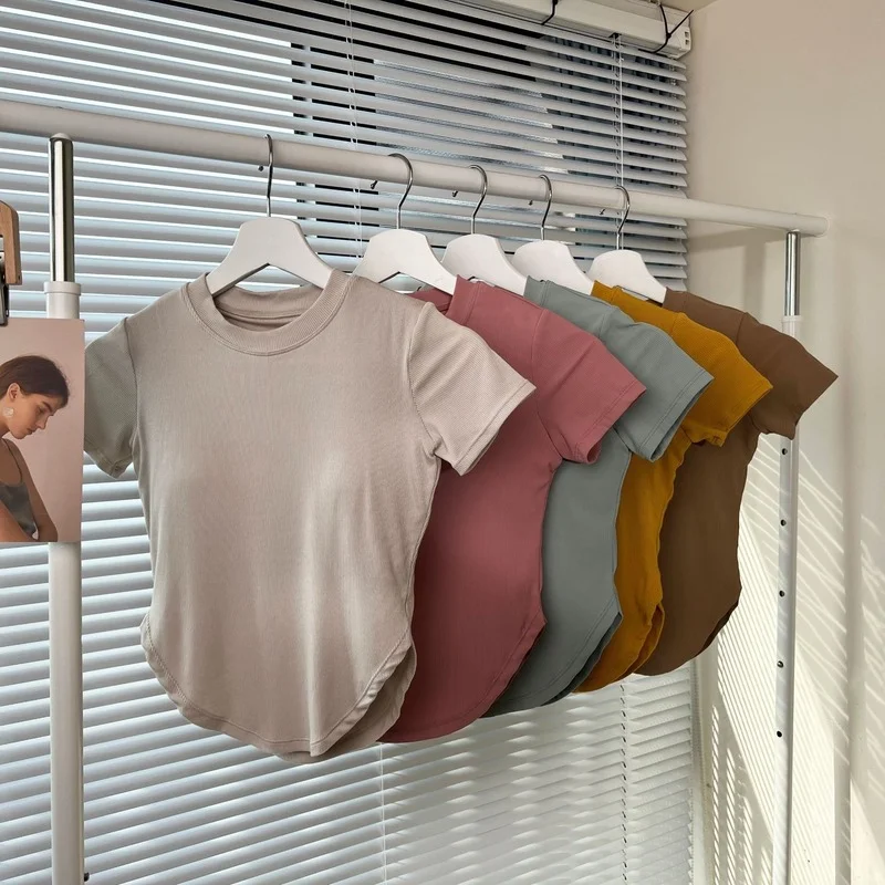 LU Sport Top Woman Ribbed Short Sleeve T Shirts Blouse Solid Padded Waist Open Sports Crop Tank Shirt Fitness Soft Gym T-shirts