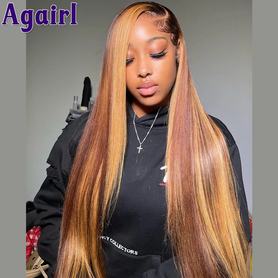 

Highlight 1B Roots Ginger Brown with Blonde Straight Wigs 180% Density 13x6/13x4 Lace Front Wig Pre Plucked 100% Human Hair Wigs