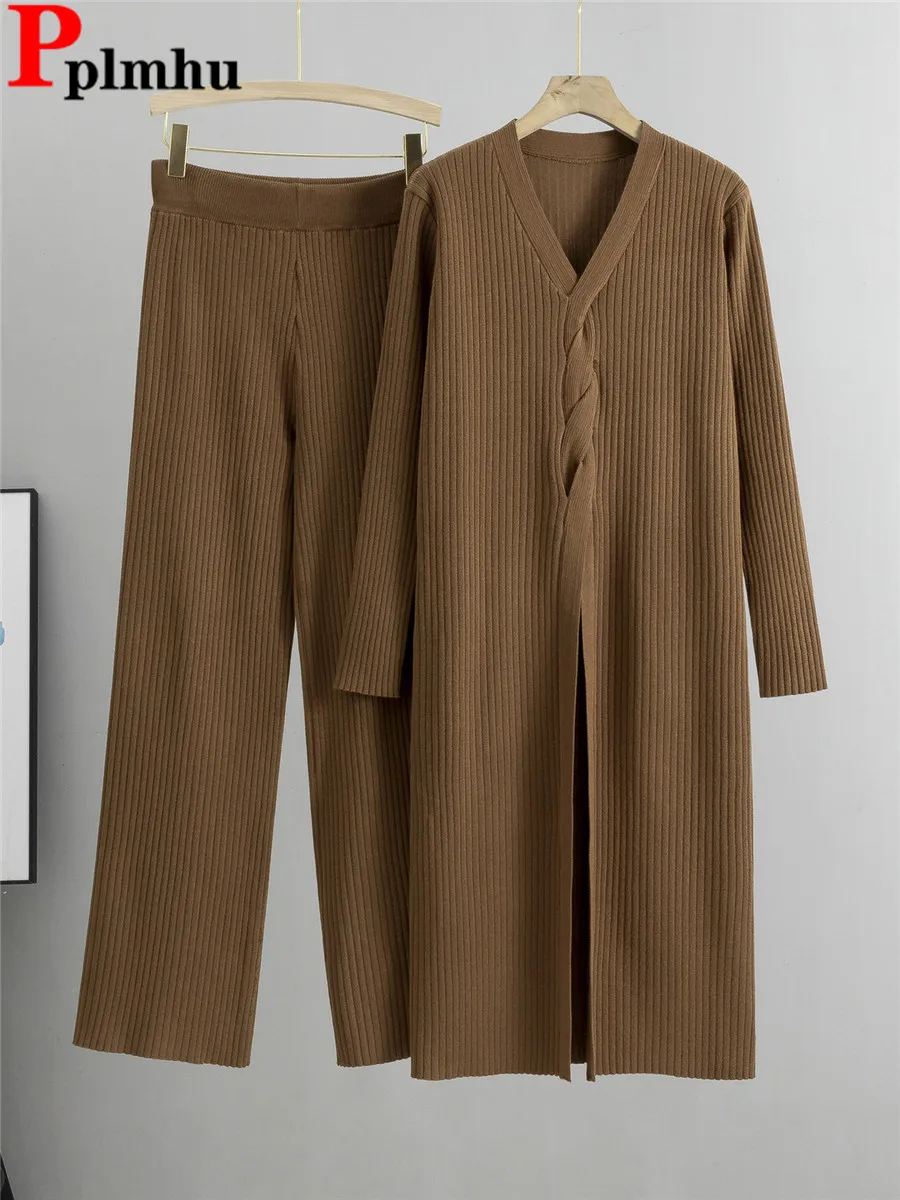 Повседневный шикарный вязаный комплект из 2 предметов Женский свитер с V-образным