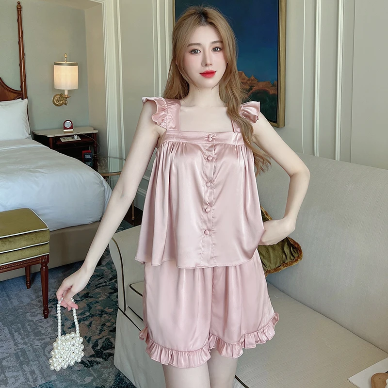 Funishi Women's Pajamas Sexy Sleepwear Silk Summer Pajamas пижама женская Princess Style Tank Shorts Suit Self-cultivation
