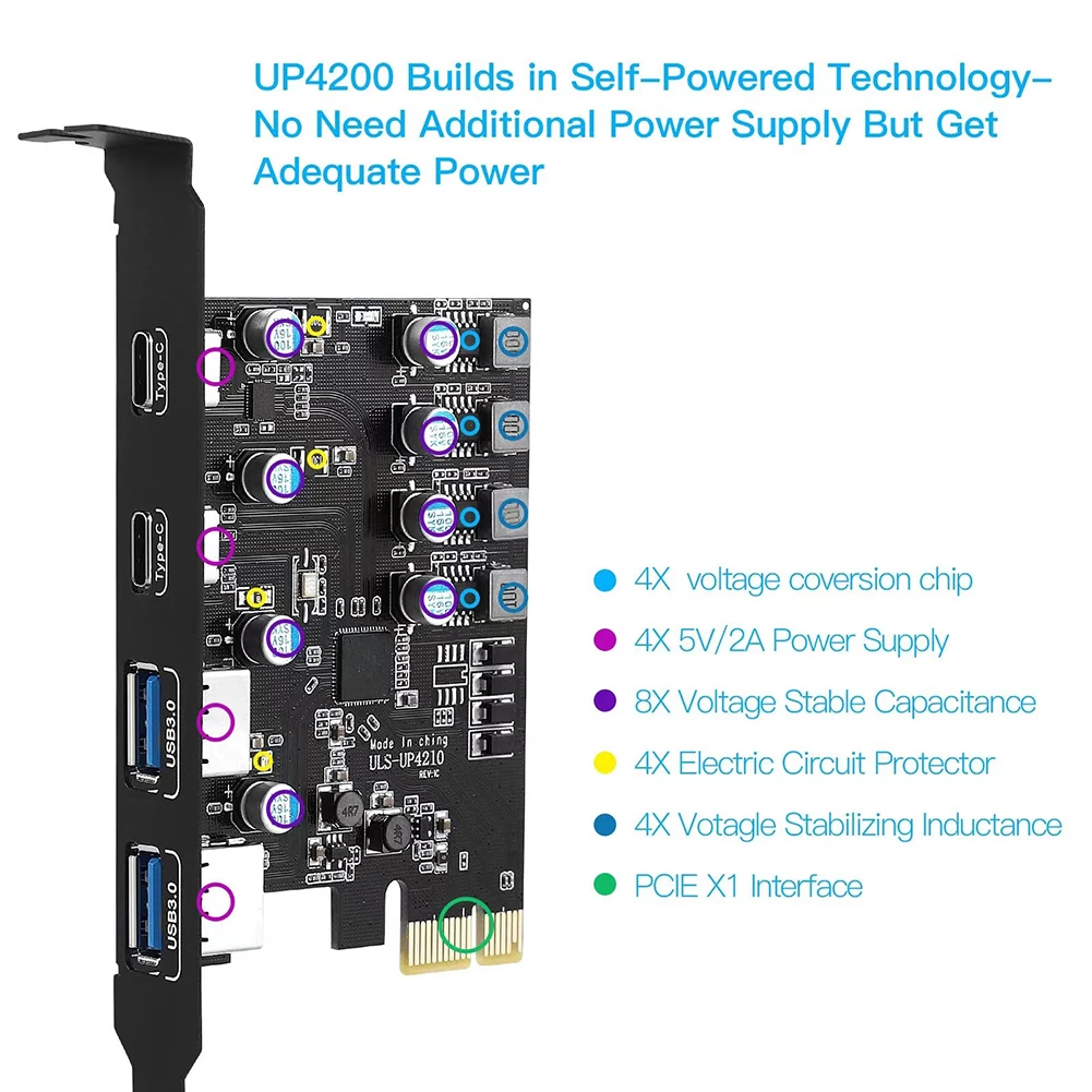 

USB 3.0 PCI-E Expansion Card 2 USB A Port +2 USB C Port USB3.2 GEN1 PCI Extension Card Adapter for Windows7/8/10/11/MacOS/Linux