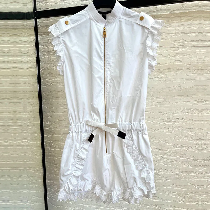 

22 Summer Casual Lace Sleeveless Playsuit Women Slim Drawstring Stand Collar Playsuits Metal Buttons Zipper White Mini Playsuits