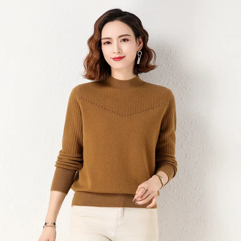 Women Cashmere Wool Pullover Sweaters Camel Black Red Beige Beaded Design Jersey Mock Neck Sheep Wool Top Cosy Knitwear Winter