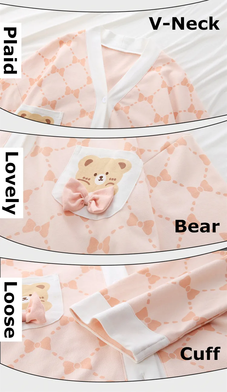 Yasuk Autuum Winer Fashion Women's Casual Plaid Pocket Sleepwear Homewear Cute Lovely Pajamas With Pants Soft Elastic Waist Bear