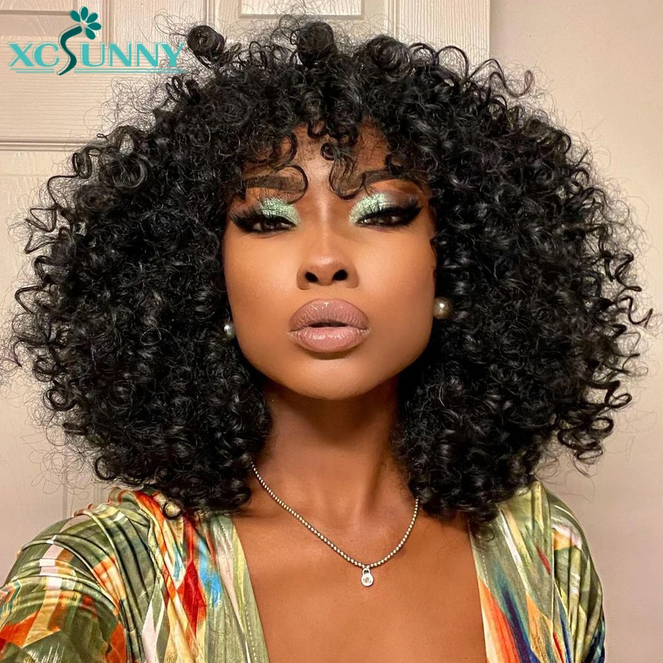 Curly Bang Wig Human Hair 200 Density Machine Made Scalp Top Wig Glueless Remy Brazilian Hair Deep Curly Wig With Bangs Xcsunny